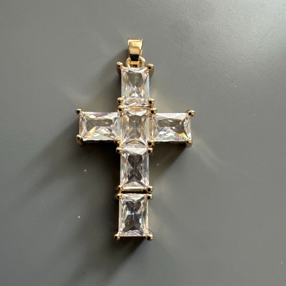 Gold Plated Cubic Zirconia Cross Pendant Necklace Stainless Steel Gift Christ